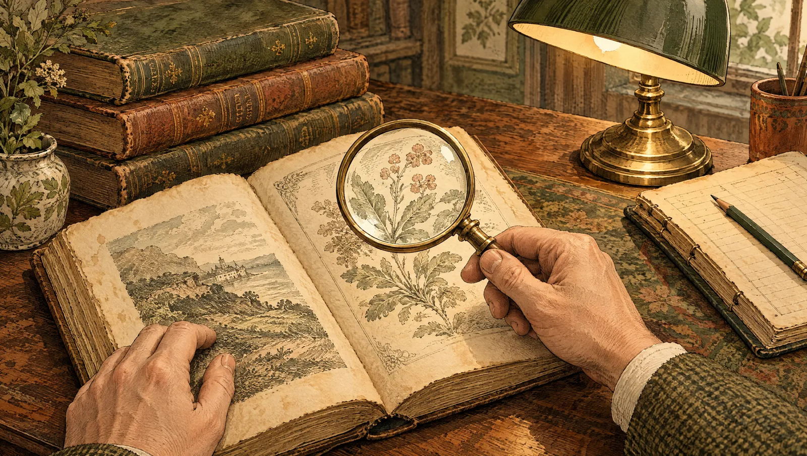 Mâinile unui anticar examinând cu lupa o carte veche ilustrată, pe un birou de lemn