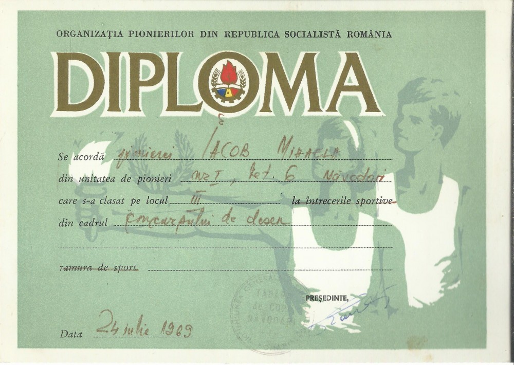 Diplomă de pionier — concursul de desen, tabăra Năvodari, 1969