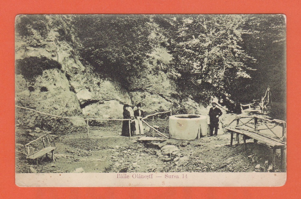 Fotografie: Băile Olănești, sursa nr. 14 — carte poștală circulată în 1909, ștampilă de tren
