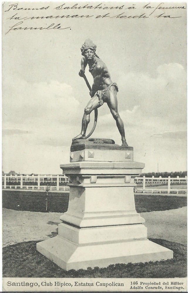 Santiago de Chile, Club Hípico, statuia lui Caupolicán — carte poștală circulată în 1914