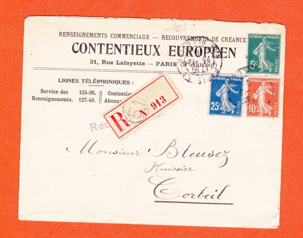 Plic recomandat, Franța, 1910, cu francatură multiplă