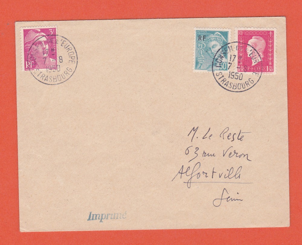 Plic, Franța, 1950, cu francatură multiplă