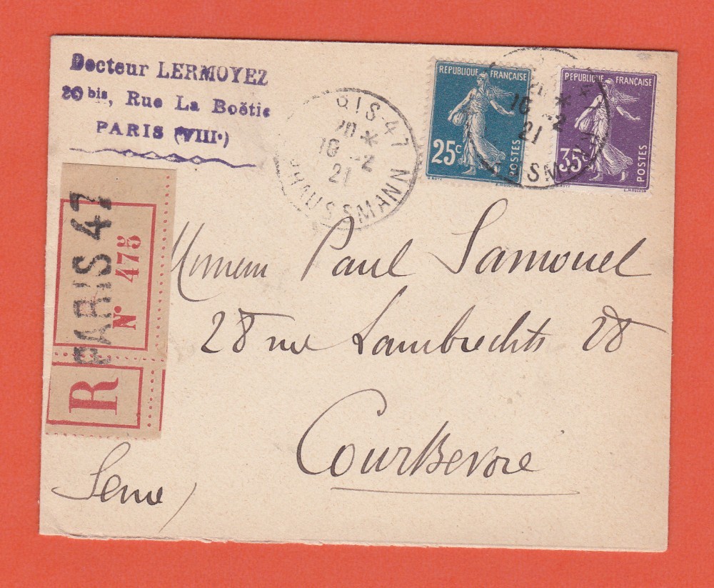 Plic recomandat, Franța, 1921, cu francatură multiplă