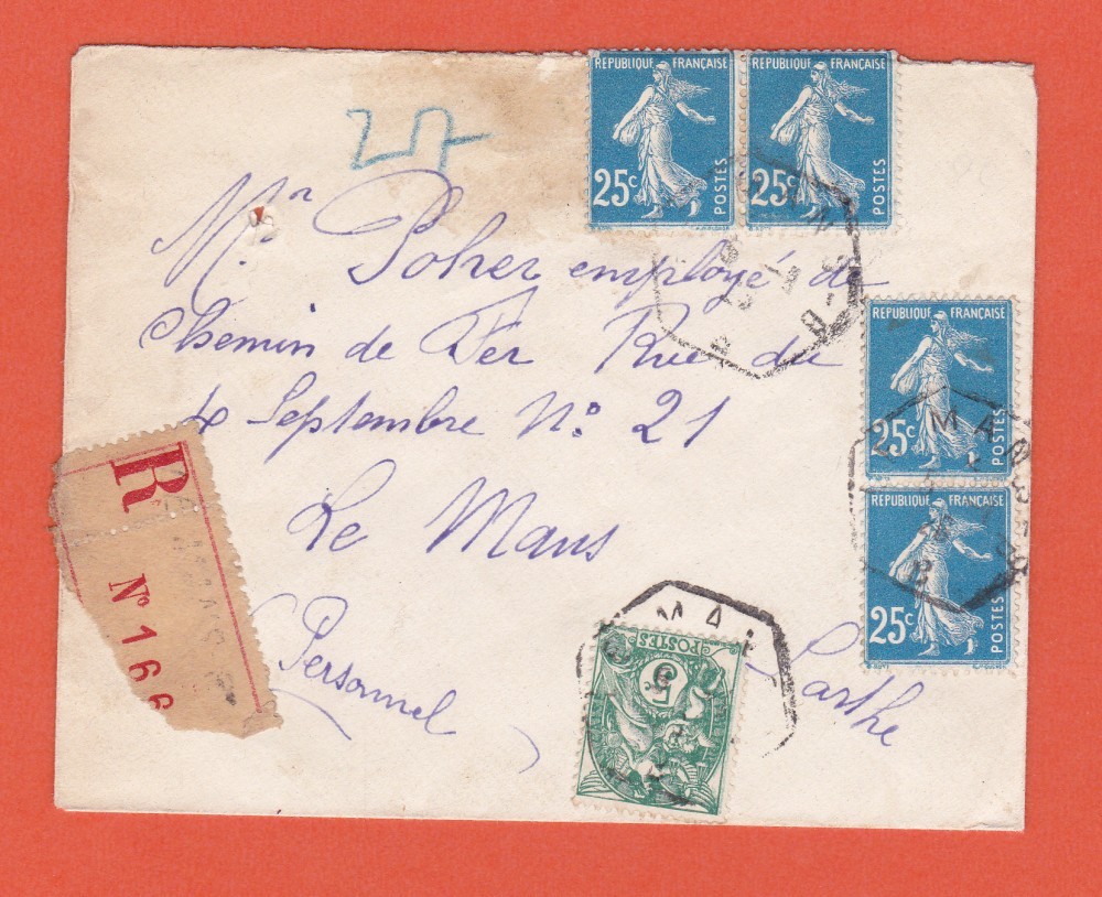 Plic recomandat, Franța, 1921, cu francatură multiplă