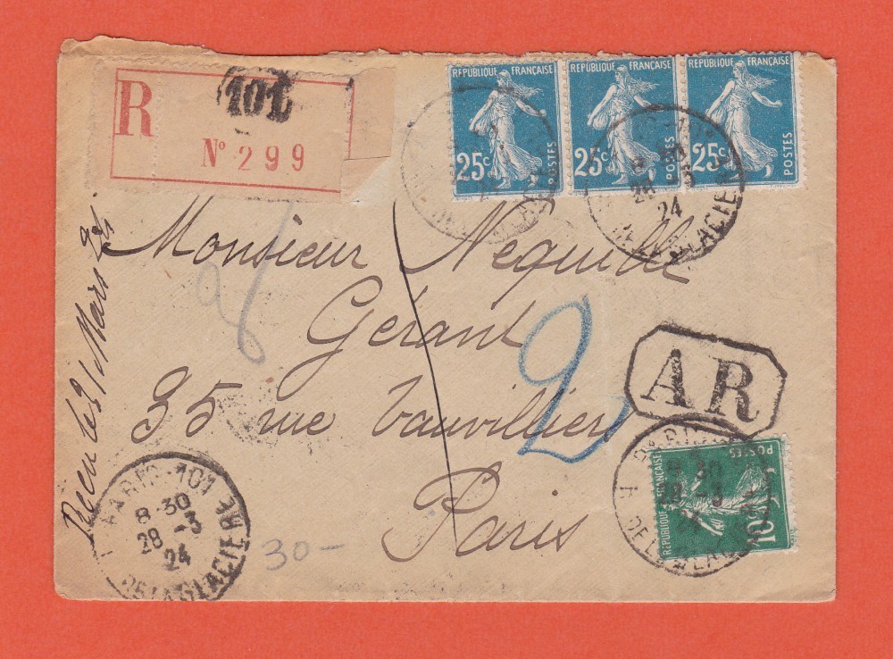Plic recomandat, Franța, 1924, cu francatură multiplă