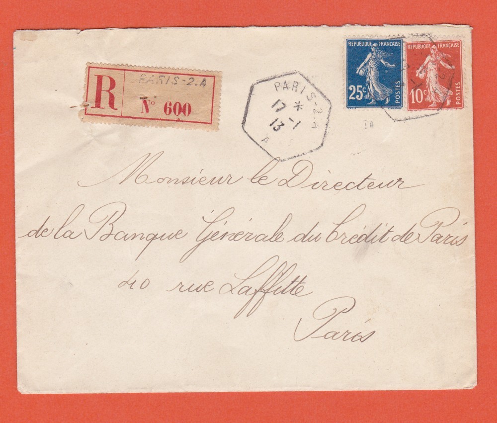 Plic recomandat, Franța, 1913, cu francatură multiplă