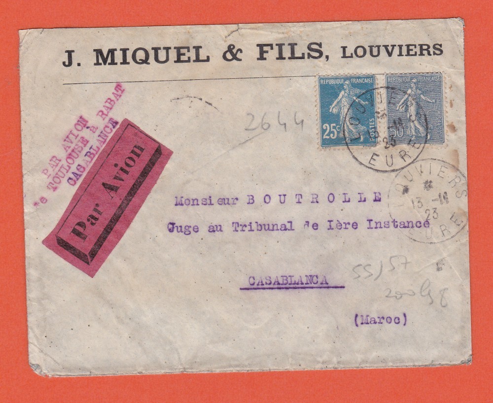 Plic, Franța, 1923, cu francatură multiplă, par avion, circulat în Maroc