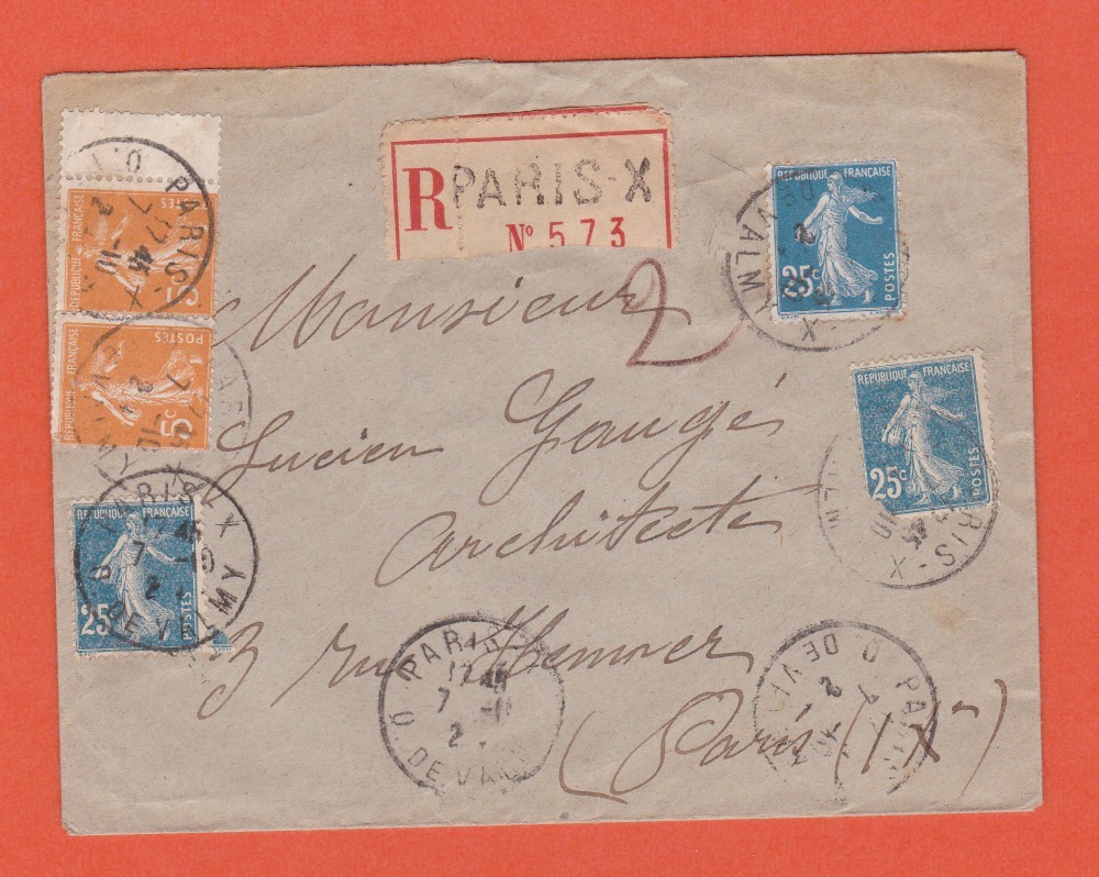 Plic recomandat, Franța, 1924, cu francatură multiplă